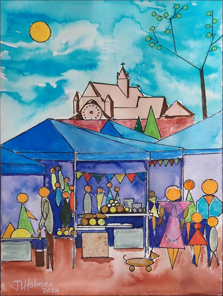 05 'Country Market' by John L Holmes, Watercolour & Ink, 21x30cm, Framed, $125