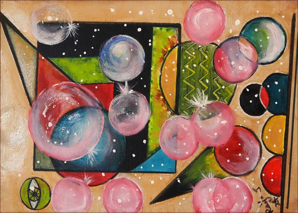 07 'Bubble Party' by Raija Jantti, Acrylic & Oils, 20x29cm, Framed, $95