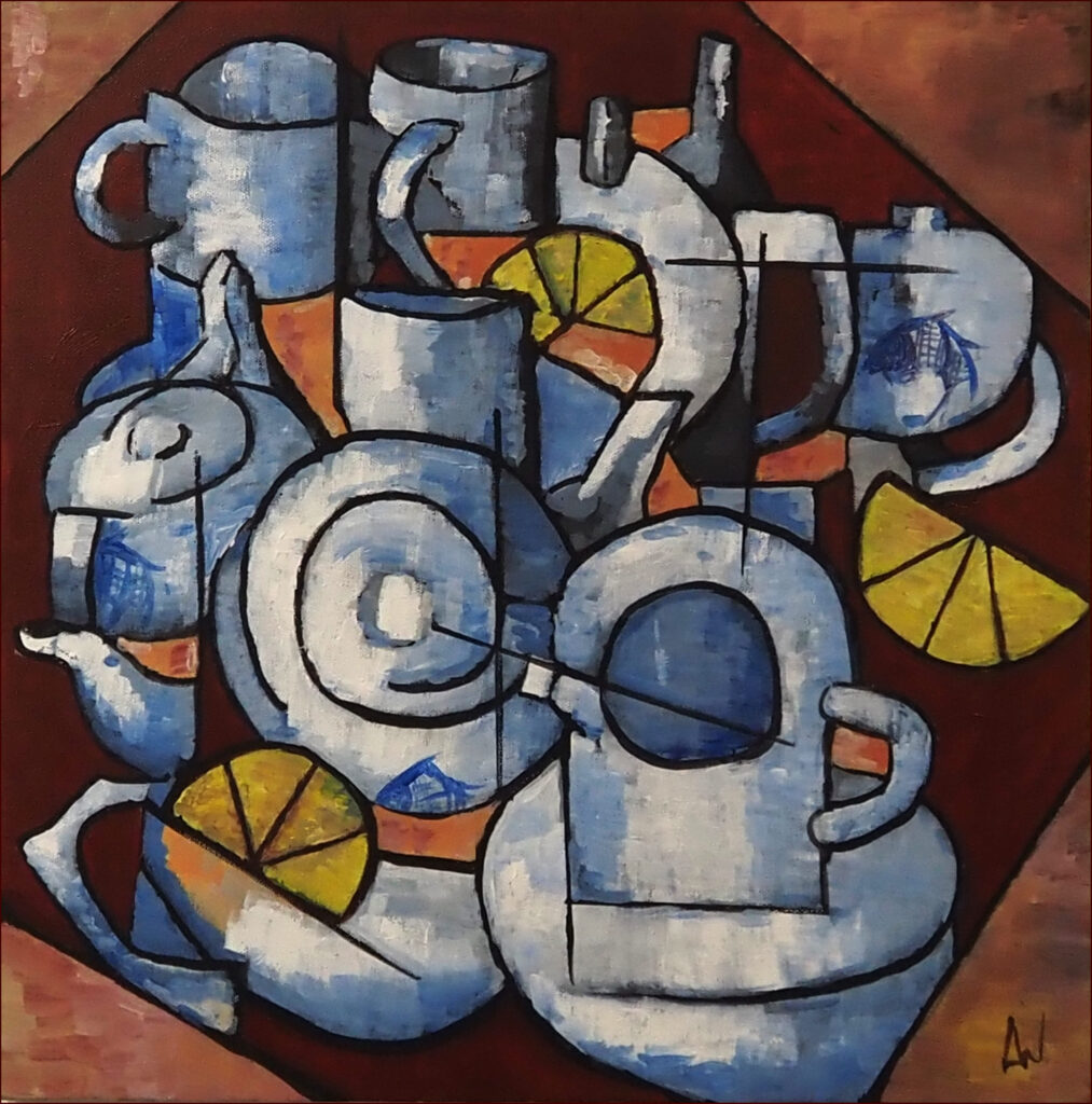 09 'Cubist Tea Time' by Lynne Wright, Acrylic, 45x45cm, Not Framed, $100