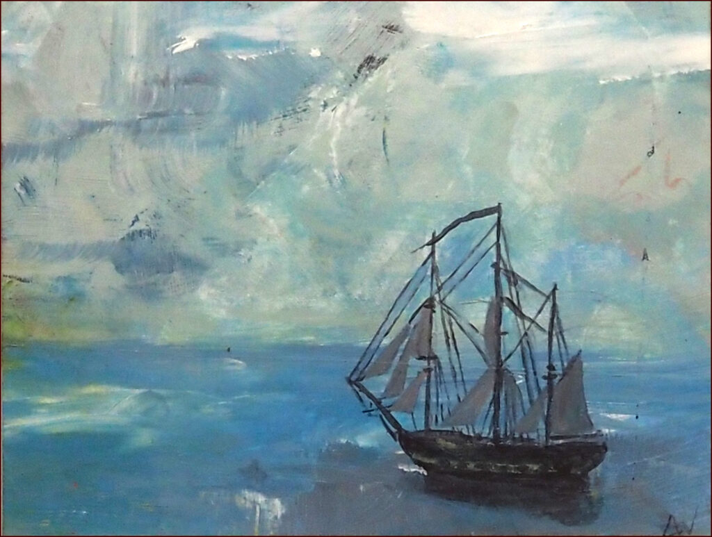 07 'Frigate II - HMS Surprise' by Lynne Wright, Acrylic, 20x15cm, Framed, $100