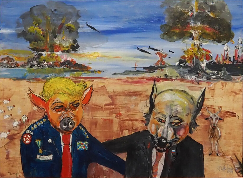 08 'Satan with his Antichrist', John L Holmes, Acrylic, 70x50cm, Framed, $150