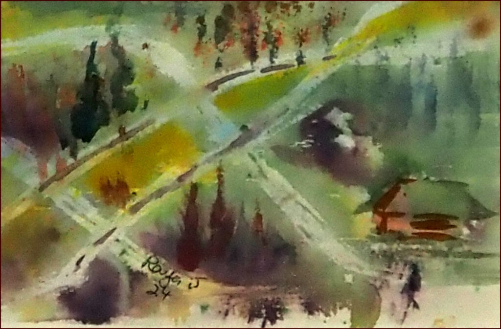 16 'Crossroads', Raija Jantti, Watercolour, 20x15cm, Framed, $60