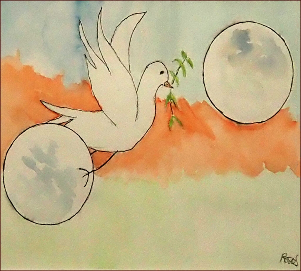 20 'World Coming Together', Rosie Sheehan, Watercolour, 25x18cm, Framed, $50