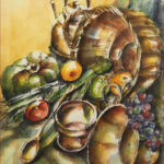 47 'Tipped Basket' - Sharyn Talbot, Watercolour & Ink, 25x35cm, Framed, $225