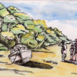 52 'Beached on Coochie' - Kathryn Ryan, Watercolour & Ink, 30x20cm, Framed, $150