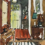 06 'The Entry' - Sharyn Talbot, Ink & Watercolour, 18x25cm, Framed, $120