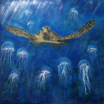 08 'Jellyfish & Turtle' - Raija Jantti, Acrylic, 74x74cm, Not Framed, $120