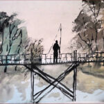 14 'Bridge Fishing' - Ray Hackett, Watercolour, 47x35cm, Framed, $80