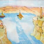 18 'Between the Heads' - Rosie Sheehan, Ink & Watercolour, 30x21cm, Framed, $50