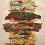 26 'Totem Garden' - Margaret Barker-Lo, Colligraph & Collage, 40x50cm, Framed, $390