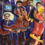 07 'The Jazz Club' - John L Holmes, Watercolour, Canvas, 15x20cm, Framed, $125